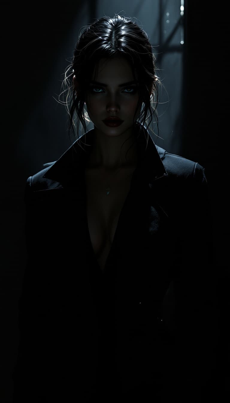 AI generated: A Chiaroscuro-style digital illustration of a Rule 63, full-body female detective, with esthetically...