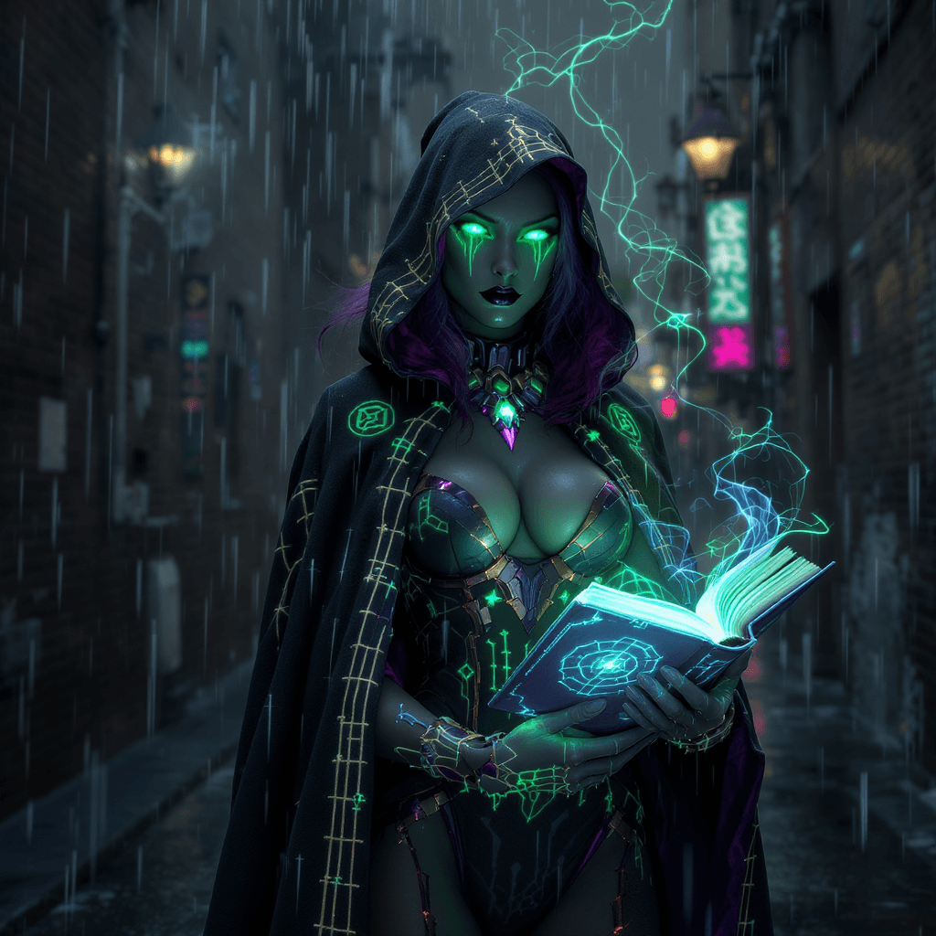 AI generated: A full-body ultra-realistic portrait of a futuristic digital VAMPIRE in a Halloween costume, glowing...