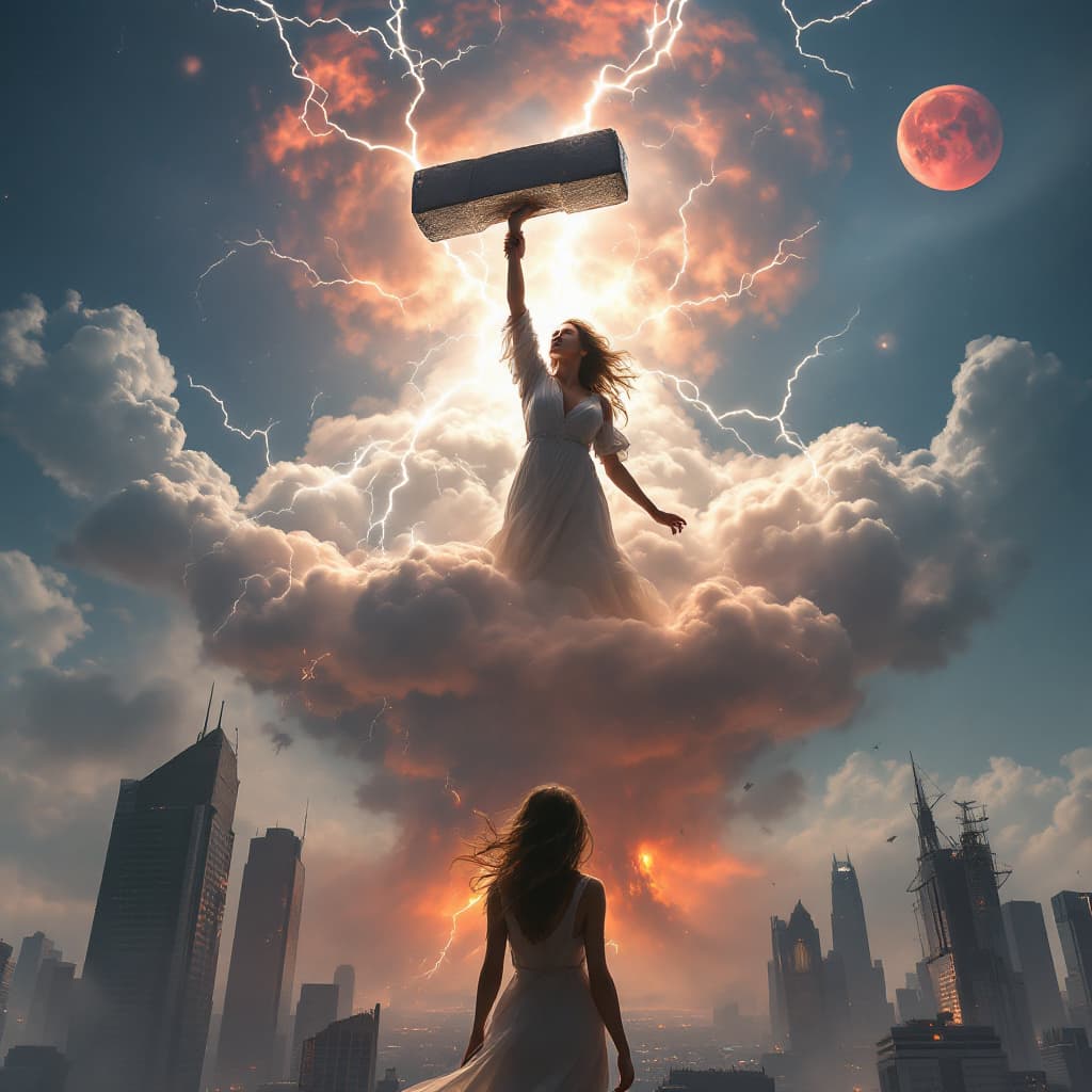 AI generated: The image is of a woman. She is in her mid 30s. She is standing in the air. She is holding a giant s...