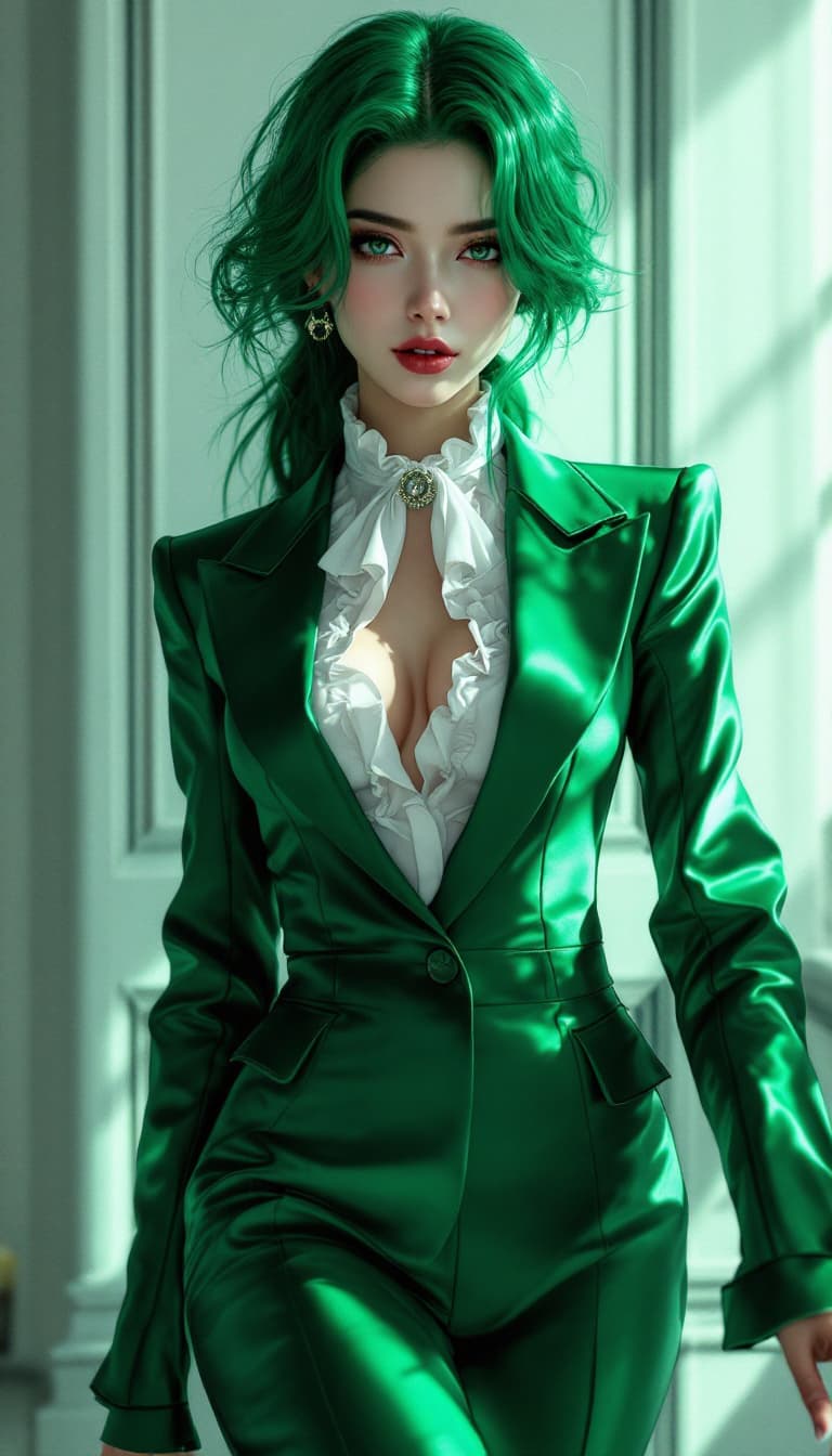 AI generated: A Korean idol, full body, hyper detailed emerald green hair, fashion model, suit, draw by Ilya Kuvsh...