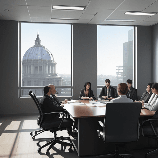 AI generated: Generate a corporation meeting in the top floor office. Background should be written ROMA ROMA GLOBA...