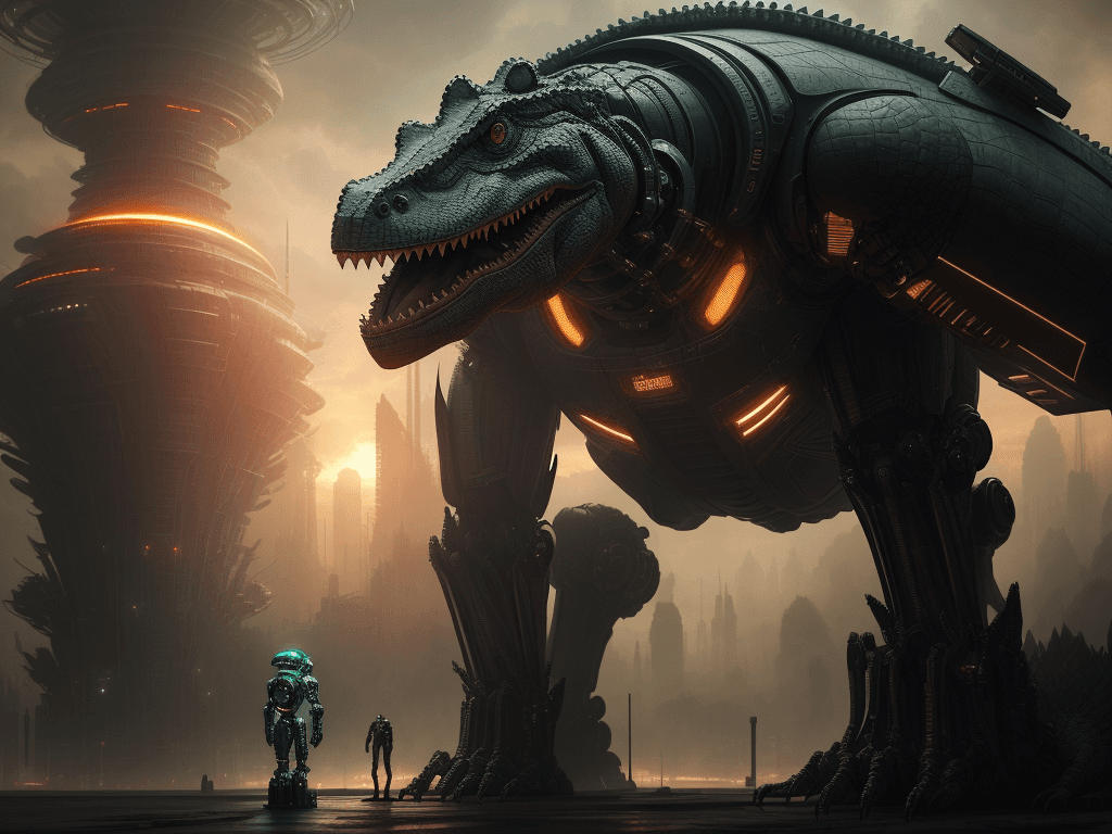 AI generated: crocodile robot standing surrounded by huge sci fi reactor robotic cyborg city with intricate mechan...