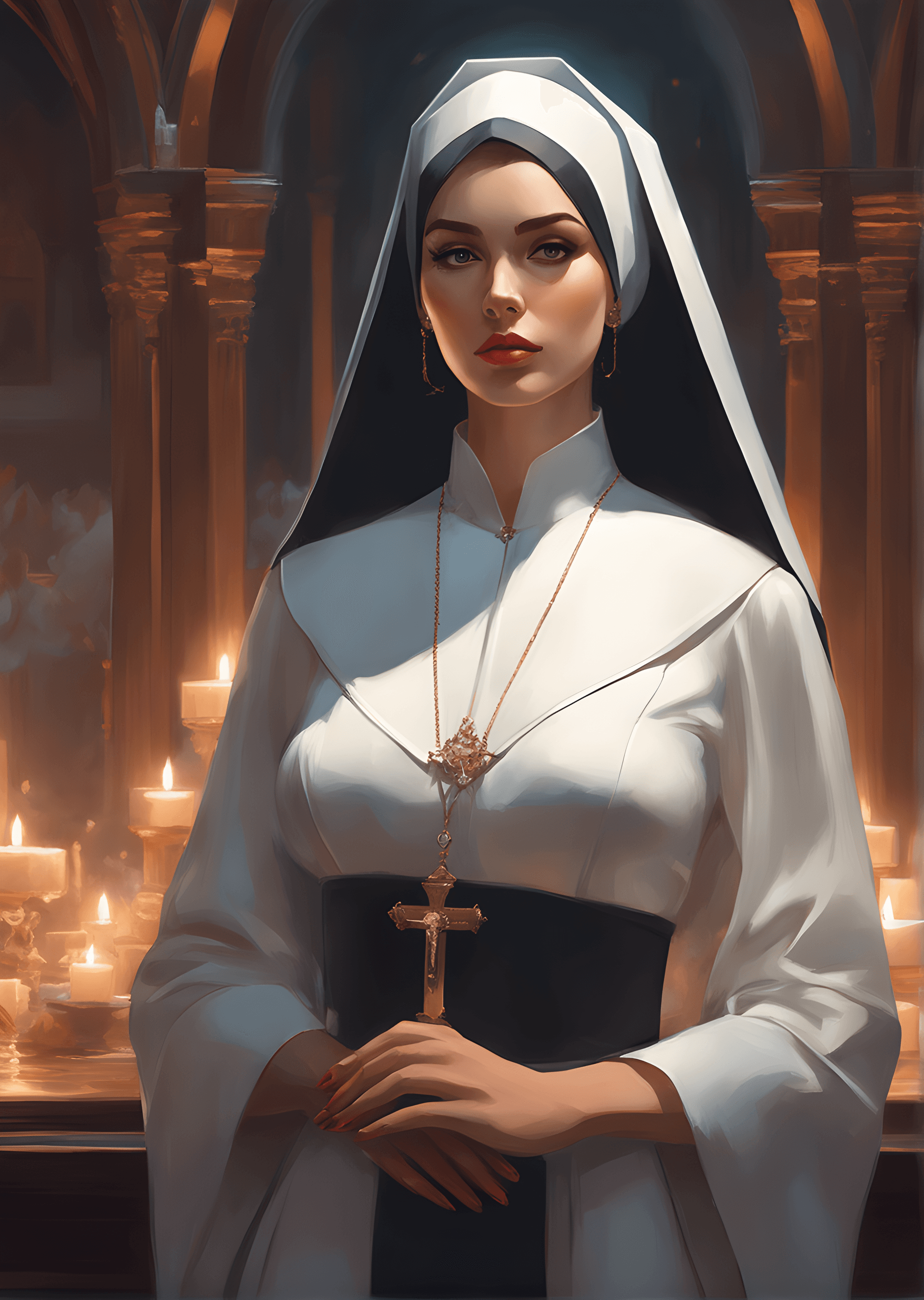 AI generated: portrait of a beautiful women, big breasts, ((nun)), modelshoot style, (extremely detailed CG unity ...