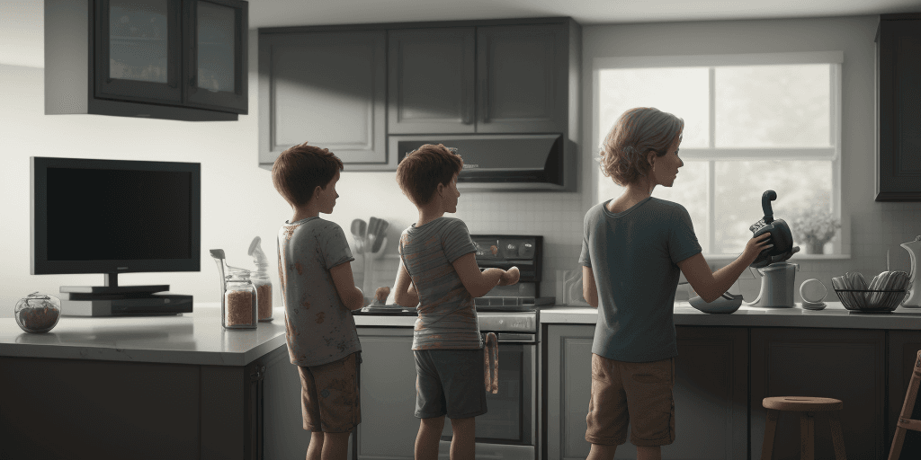 AI generated: A mother using a blender in the kitchen while her son watches television(TV) , cinematic, hyper real...