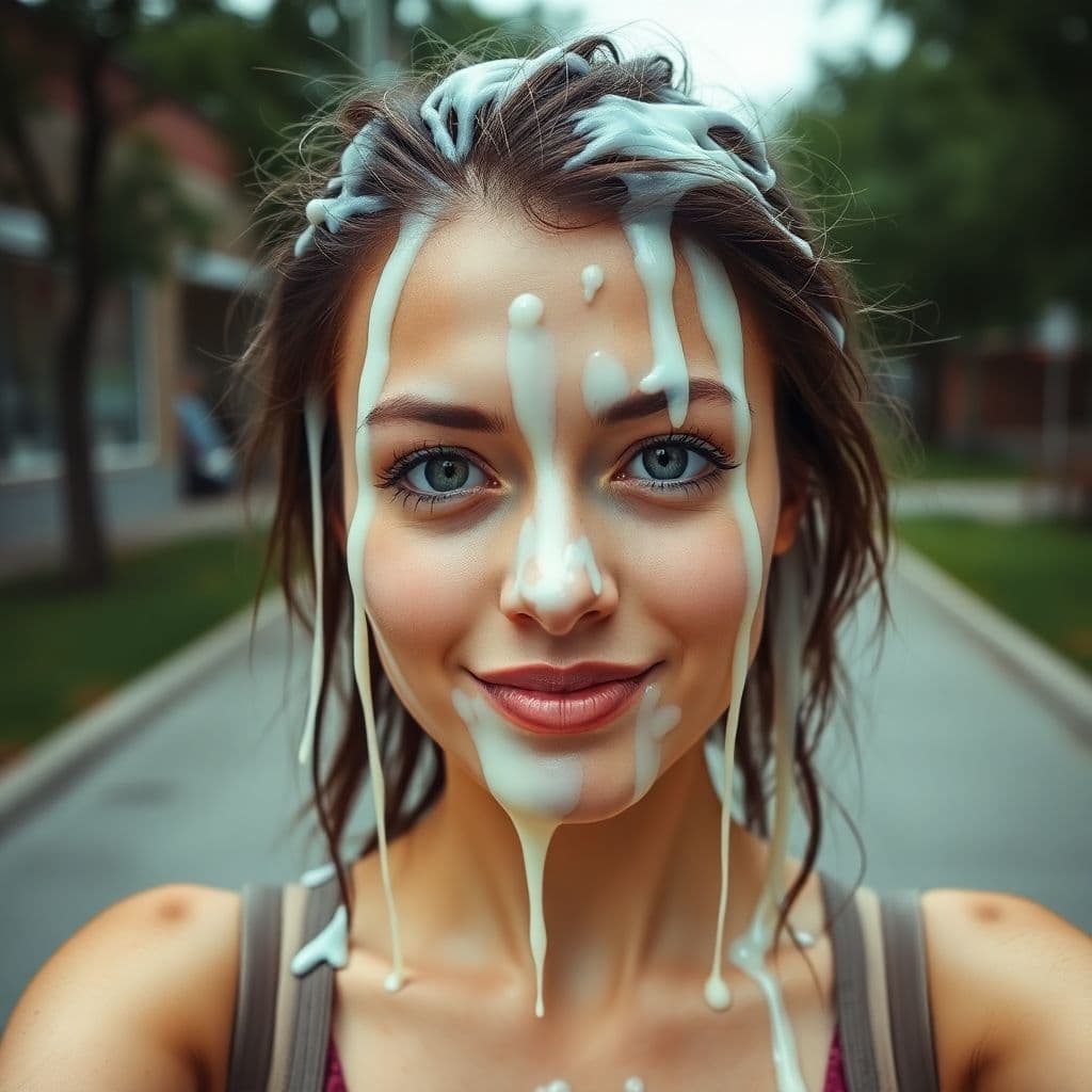 AI generated: She is being recorded from the front. The camera follows her from the front as she walks, like an am...