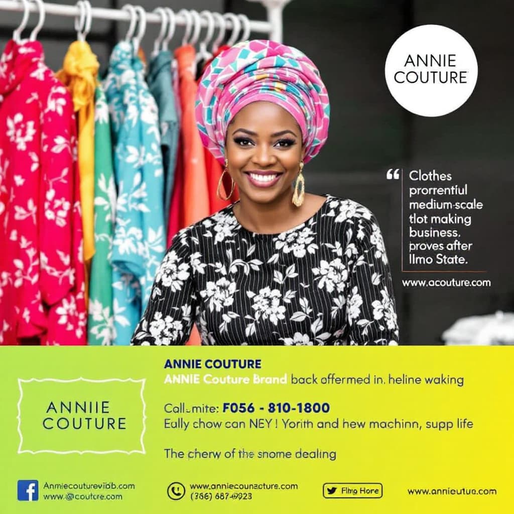 AI generated: a good advert to showcase Annie Couture brand as a medium scale cloth making business that is curren...