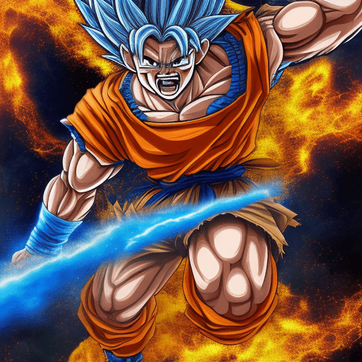 AI generated: "painterly style, Goku fighting at war, raging, blue hair, character design, body is adorned with gl...