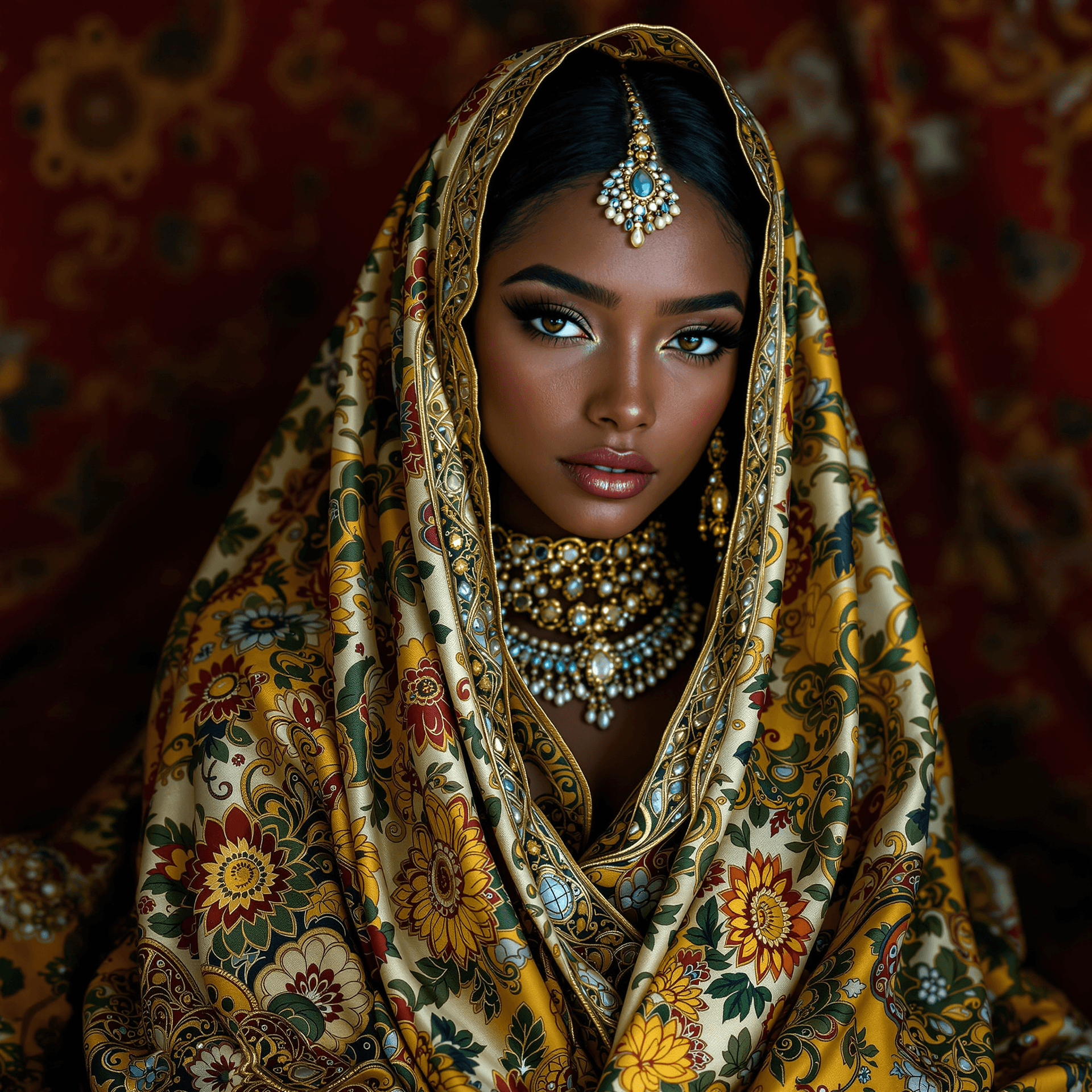 AI generated:  19-year-old woman, draped in intricately patterned, opulent fabrics, adorned with ornate jewelry, e...