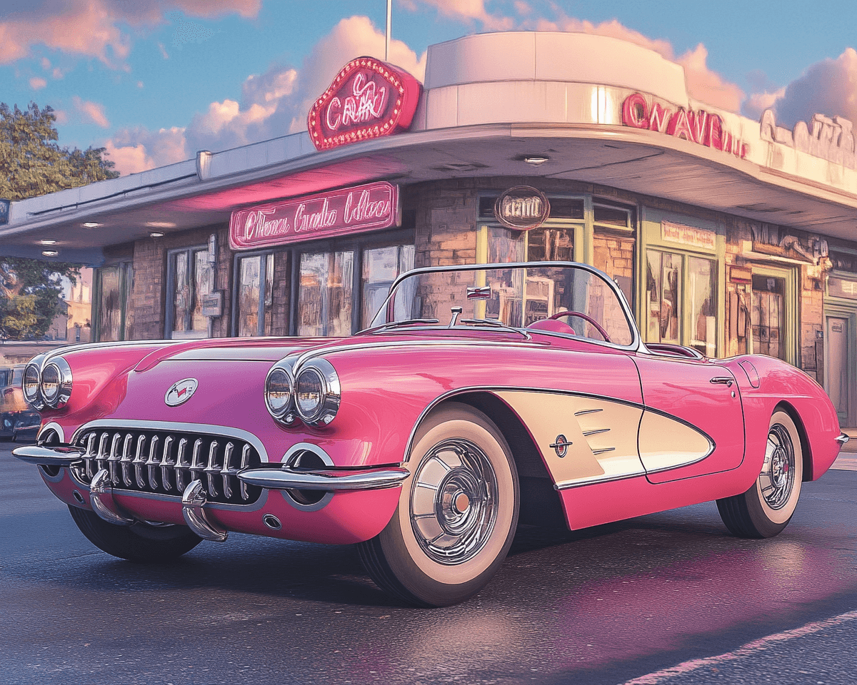 AI generated: classic American Chevrolet corvette convertible car outside of an 50s diner, high-resolution, high d...