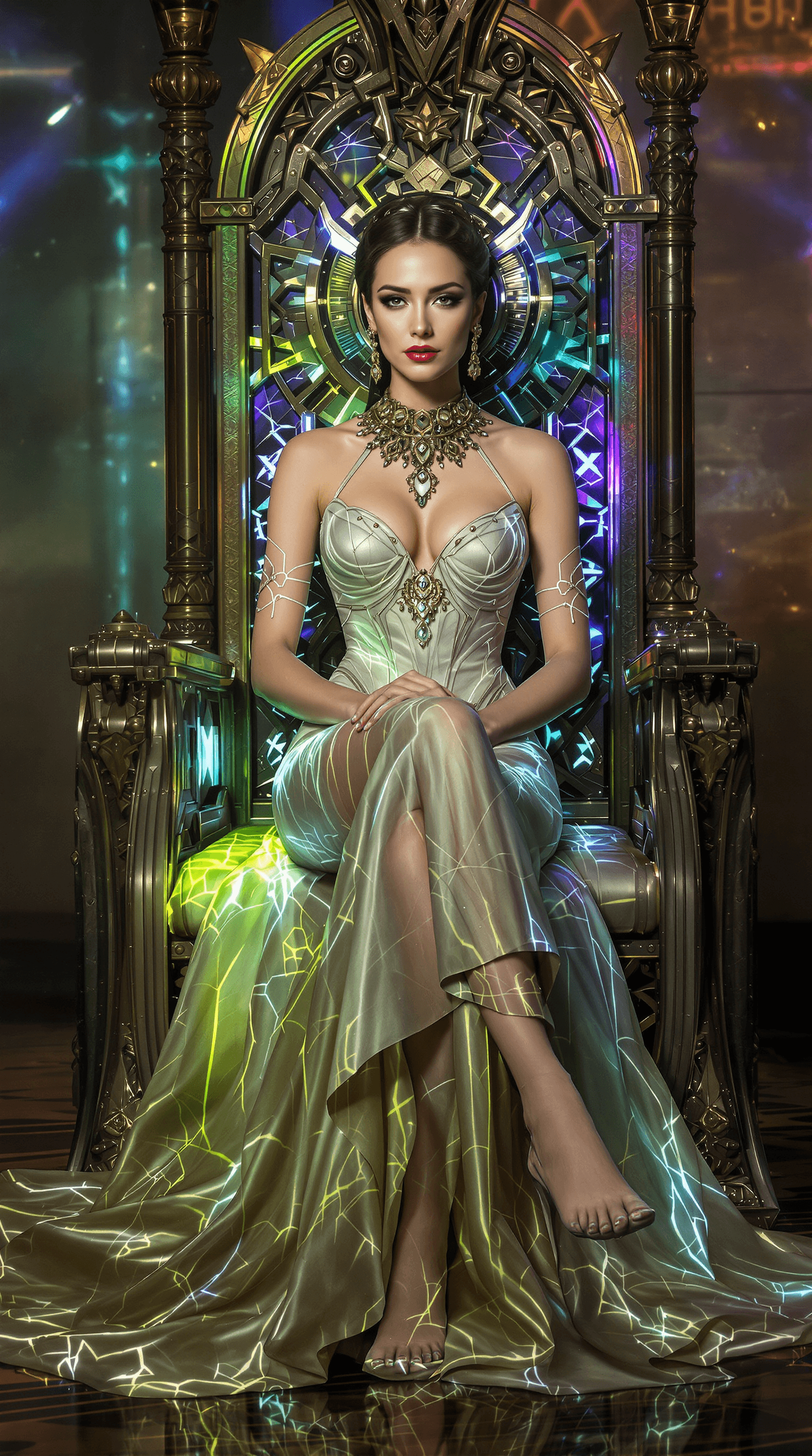 AI generated: A pretty, diplomatic negotiator with a slender and commanding form, her gown subtly shifting color t...