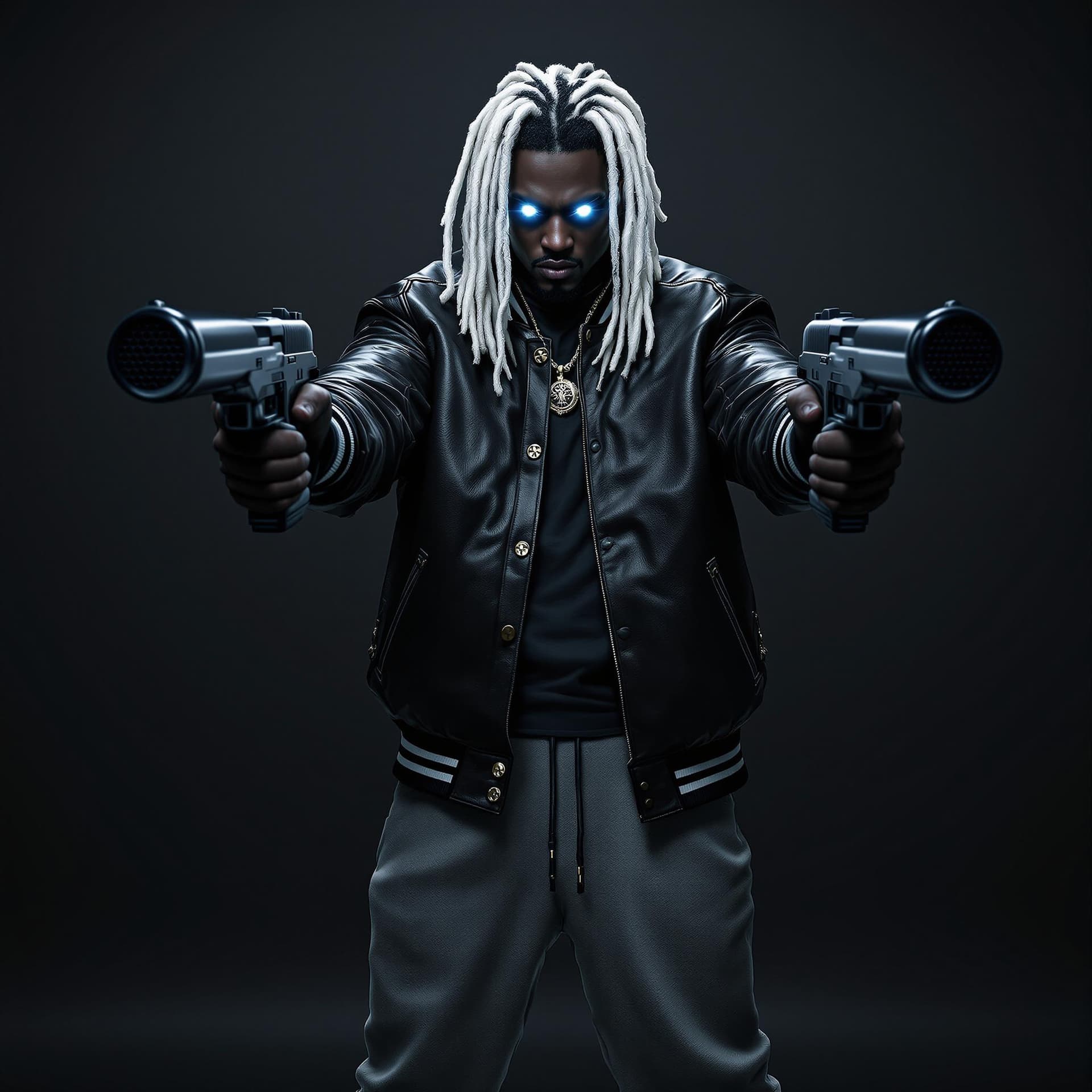 AI generated: full size, full body, front view of an african american man  face in shadows, glowing eyes and white...