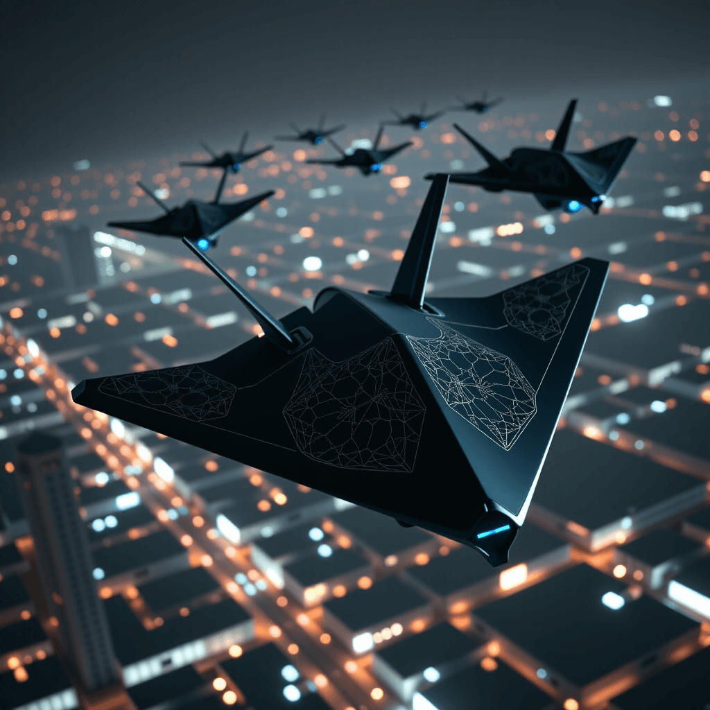 AI generated: Masterpiece, highly detailed, cinematic concept art. A squadron of sleek, menacing advanced stealth ...