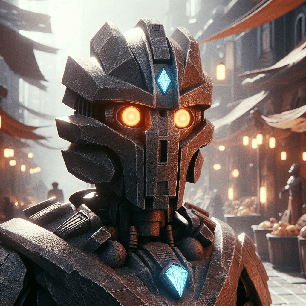 AI generated: Close-up Star Wars 4K cinematic CGI rendering of an ancient brown Bionicle Matoran of Stone with ora...