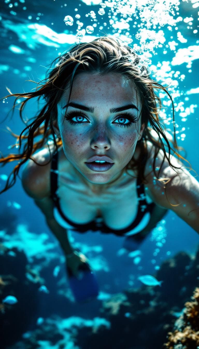 AI generated: Incredibly beautiful Norwegian with blue eyes, long eyelashes, black eyeliner, freckles, messy wet h...