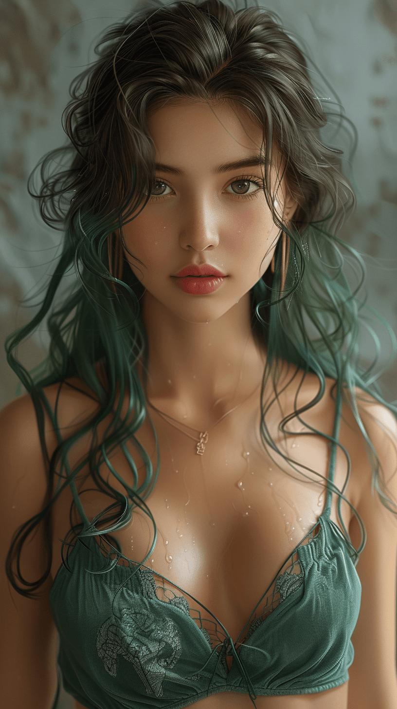 AI generated: girl with green hair highlights in tank top, long brown hair, in the style of hyper-realistic atmosp...