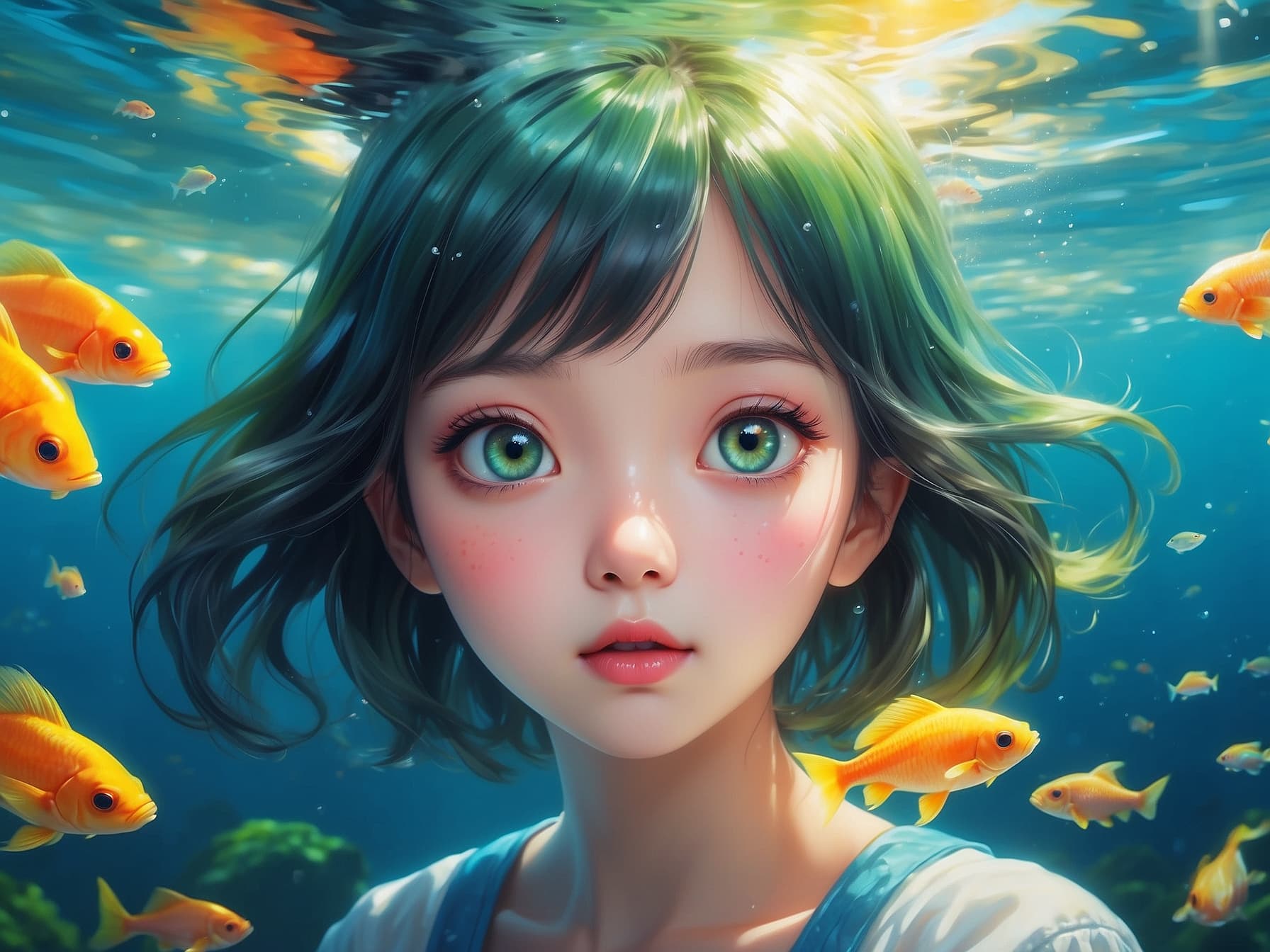 AI generated: Facial close - up, a cute girl and Brightly colored fish, dreamy, eyes close - up, front view, makot...