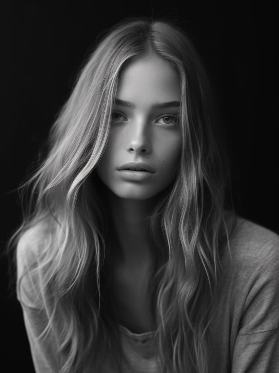 AI generated: a black and white photo of a woman, sleepy fashion model face, symetrical faces, in 2 0 1 8, 1 6 yea...