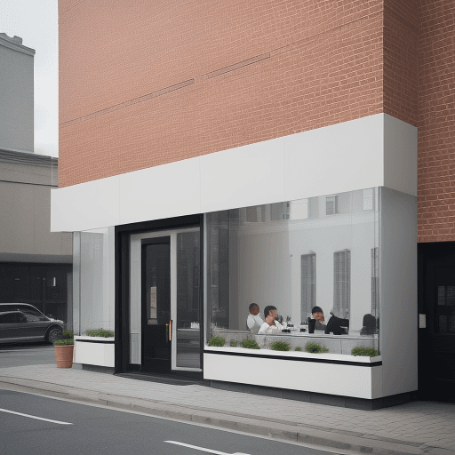 AI generated: Design a modern and minimalist cafe facade, focusing on the juxtaposition of weathered bricks and ex...