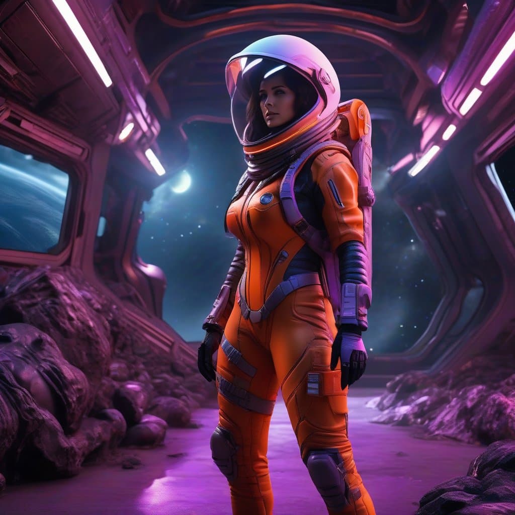 AI generated: highest quality action shot photo of alien planet, ((crashed spaceship)), moon, (orange:7), (purple:...