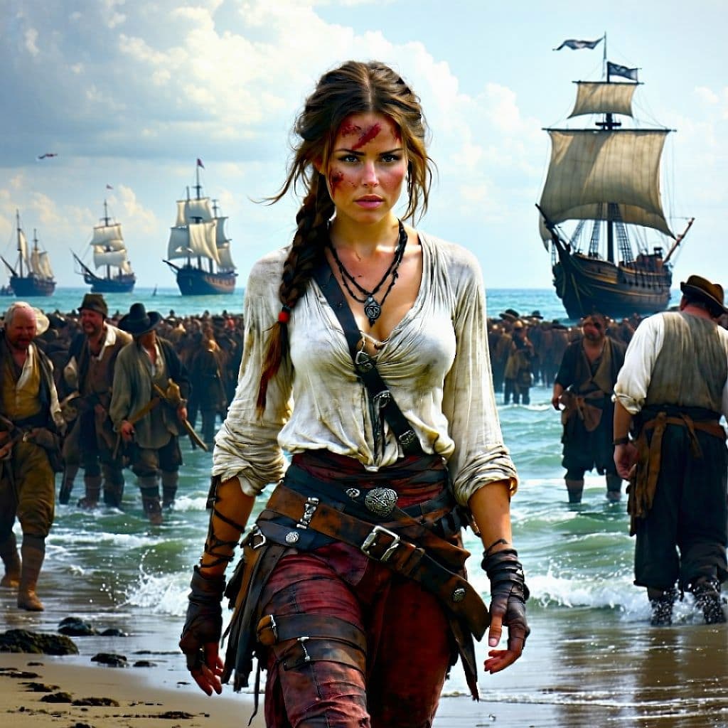 AI generated: oil painting, A resilient pirate captain, with weathered skin, a scar on her left breast, a determin...
