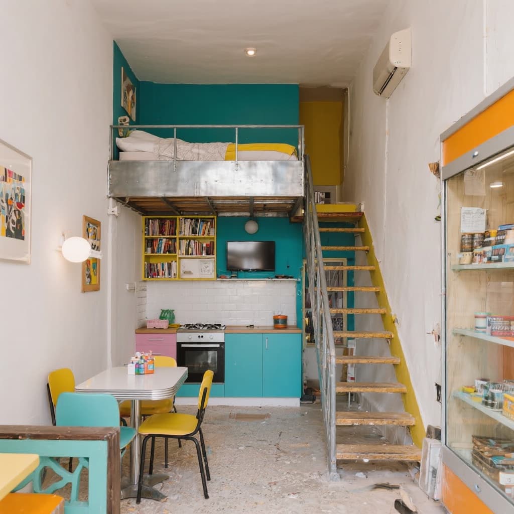 AI generated: The interior of a ground floor, two-story, single-room space in Kozani Greece, approximately 65m² th...