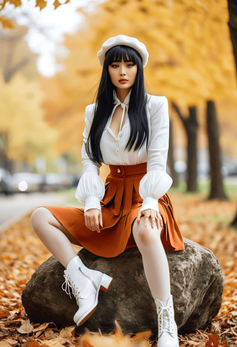AI generated: fashion editorial style beautiful Asian woman, long black hair with bangs, dark eyes, full lips, lig...