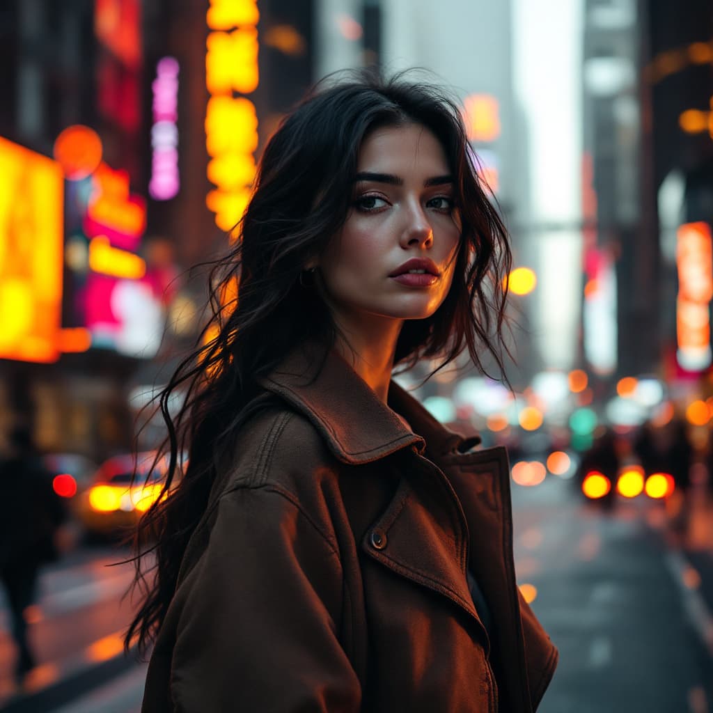 AI generated: Model in a cityscape with orange lighting 
