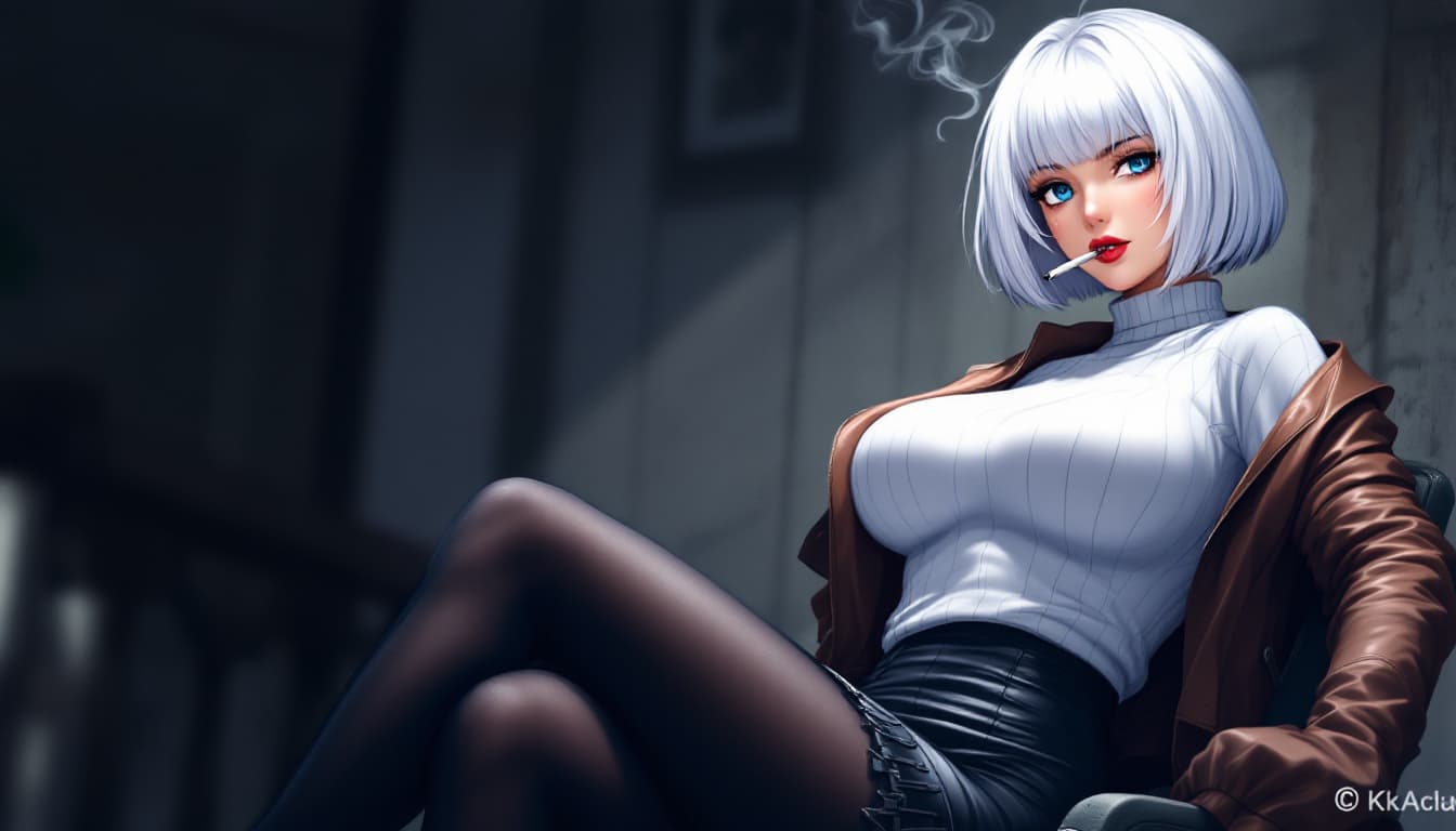AI generated: anime, woman, white hair, bob cut, blue eyes, freckles, red lips, white sweater, tight sweater, shor...