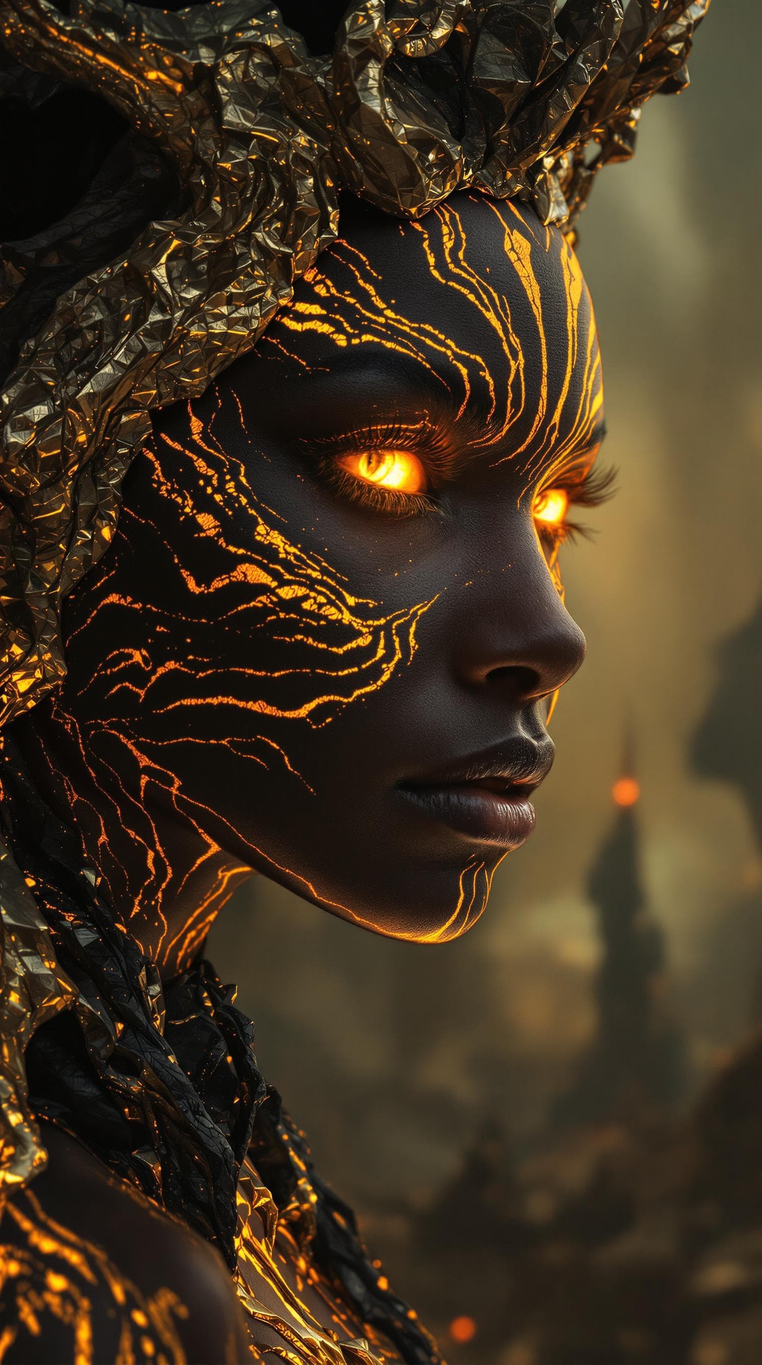 AI generated:  Close-up portrait of a dark-skinned woman with iridescent, golden tiger-striped skin, subtly scorch...