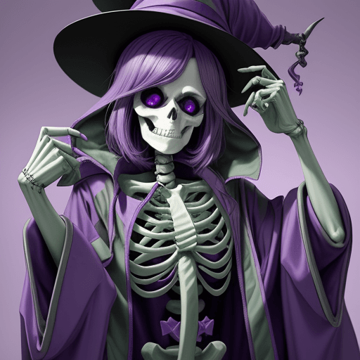 AI generated: a female skeleton wizard wearing a purple wizard hat, purple robes, and wearing a dark green bomber ...