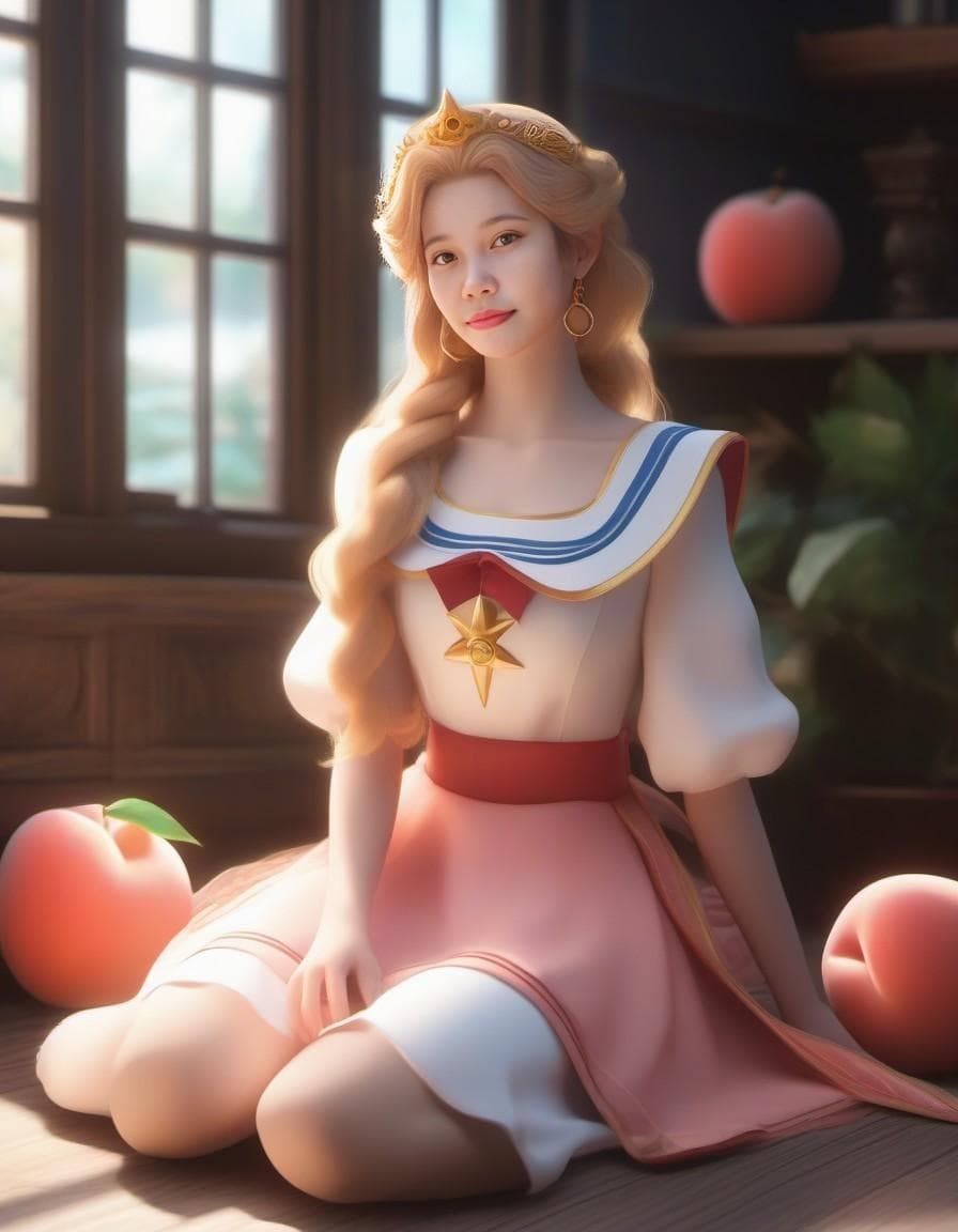AI generated: sailor girl sitting on the floor in a room with a window, portrait of princess peach, princess peach...