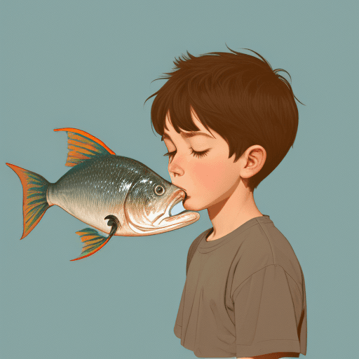 AI generated: Illustration of a boy smelling a fish
