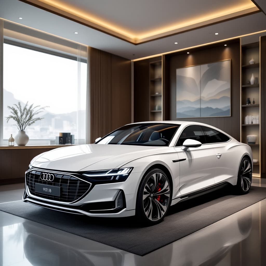 AI generated: The white Audi A8L of 2020 is parked in a Chinese-style upscale bedroom. --ar 9:16 --v 6