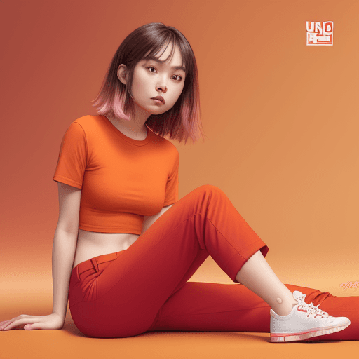 AI generated: wide and low angle, cinematic, fashion photography for the brand Uniqlo. Woman sitting on floor wear...