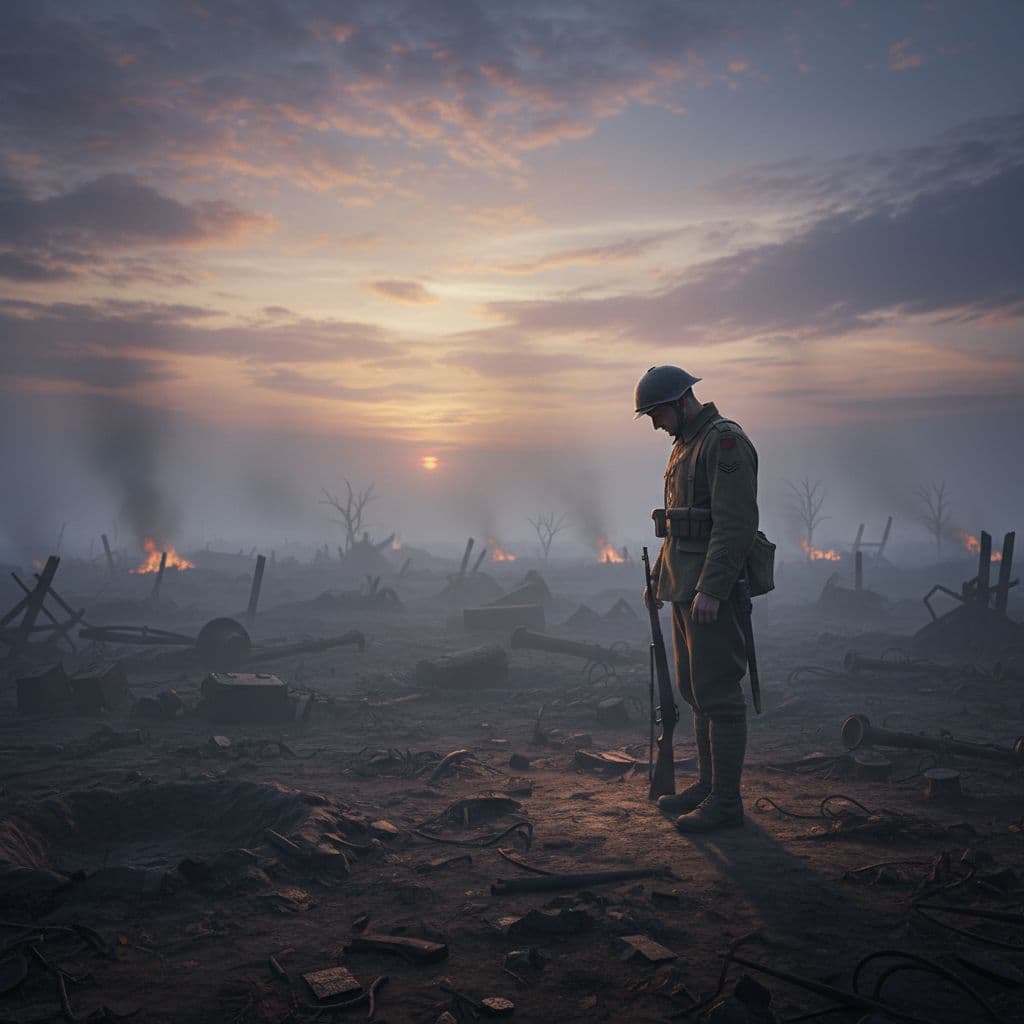 AI generated: A solitary soldier standing on a misty battlefield at dusk, long shadows stretching across the torn ...