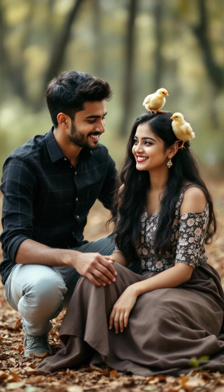 AI generated: A playful outdoor moment in a soft forest setting. A young South Indian couple is sitting on the dry...