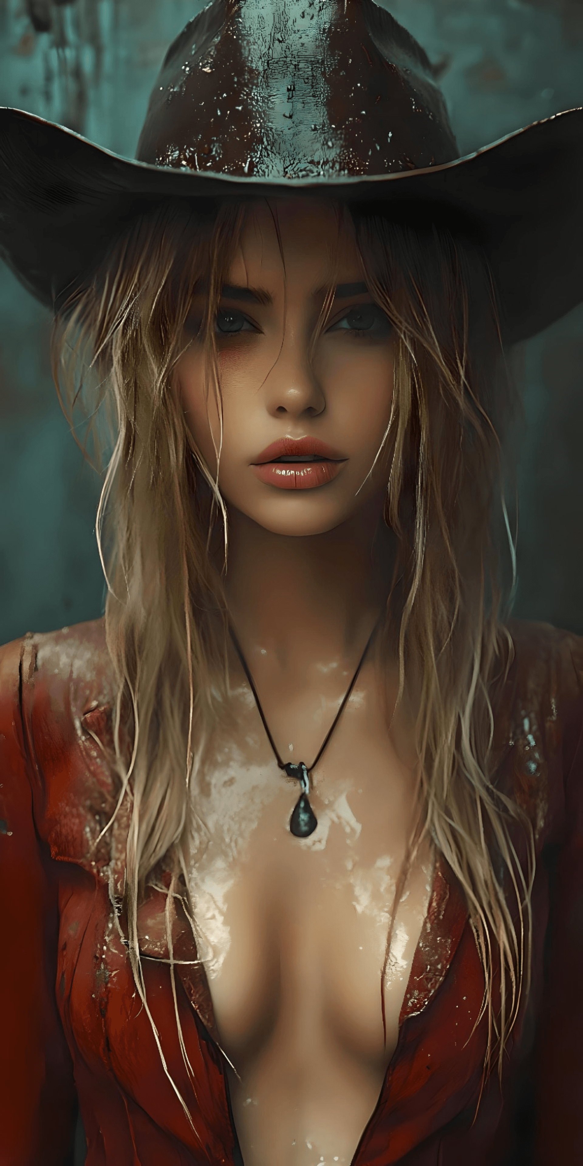 AI generated: A beautiful blonde woman wearing a cowboy hat, a lace shirt, and a red leather jacket. The photograp...