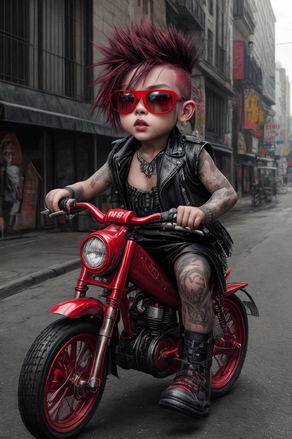 AI generated: a cute tough toddler riding a red cyberpunk tricycle::1.2, toddler has an aggressive attitude with a...