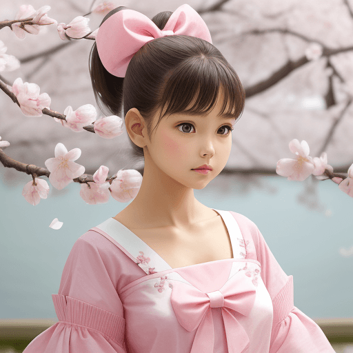 AI generated: front view, young model wearing beautiful pink cotton  with beautiful white bows with cherry blossom...