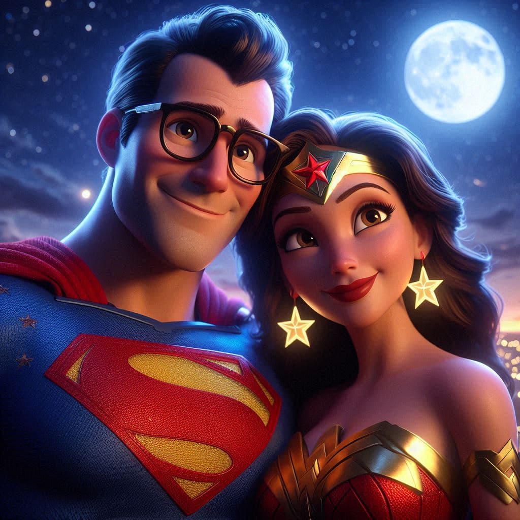 AI generated: Pixar image of Superman and Wonder Woman under a starry night sky with a full moon. Superman wears g...