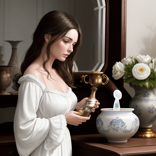 AI generated: Brunette woman with a porcelain amphora in her hand pouring water into a flowered porcelain bowl.
Sh...