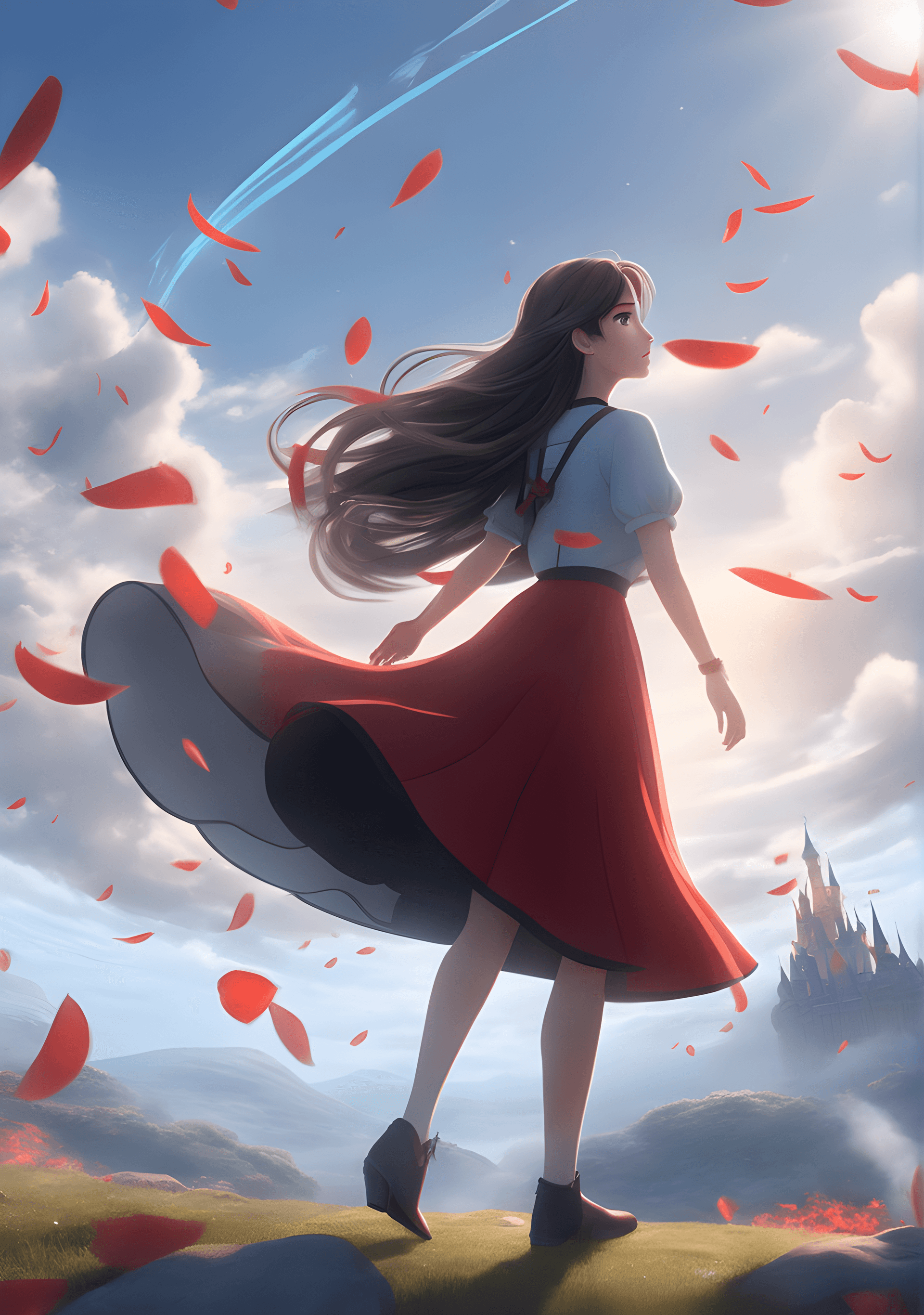 AI generated: (Long-haired girl looking up at the sky at 45 degrees),(red eyes, wearing a long skirt, slightly sid...