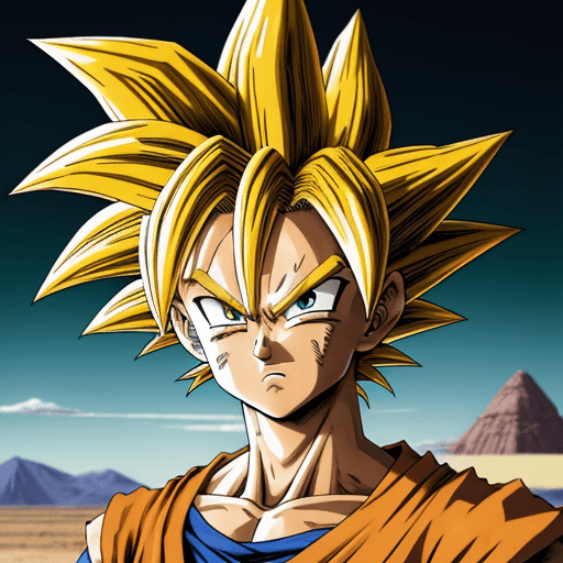 AI generated: Goku, draw anime style by Akira Toriyama, high-detailed, green eyes, punky style, future clothes sty...