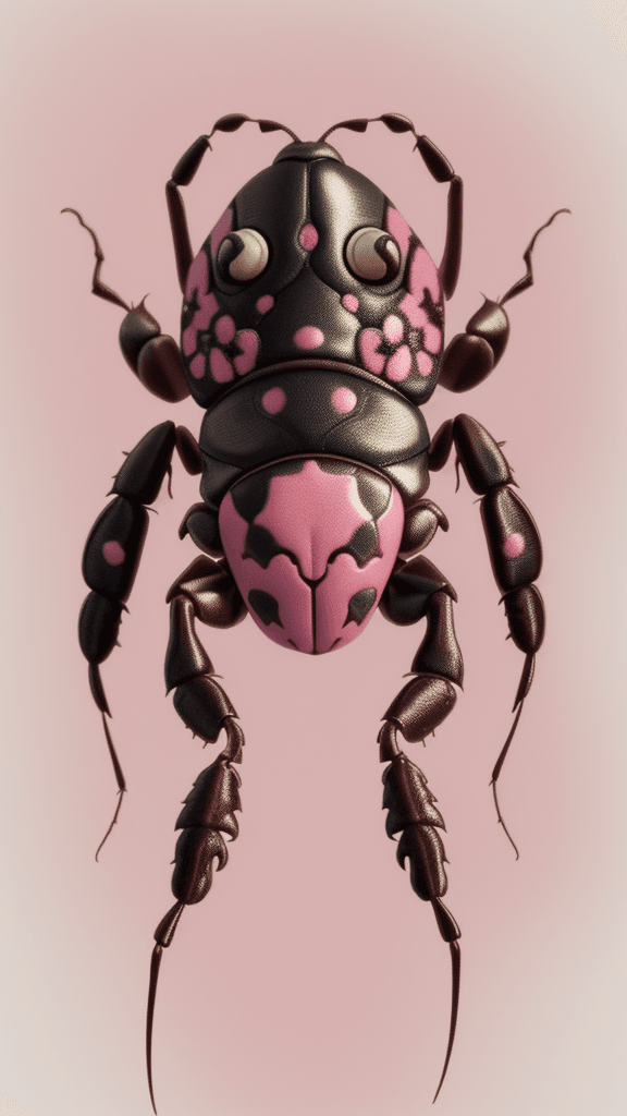 AI generated: floral beetle wearing a (long:1.2) pink (scarf:1.3), a beetle with arms and a head, (dark shot:1.17)...