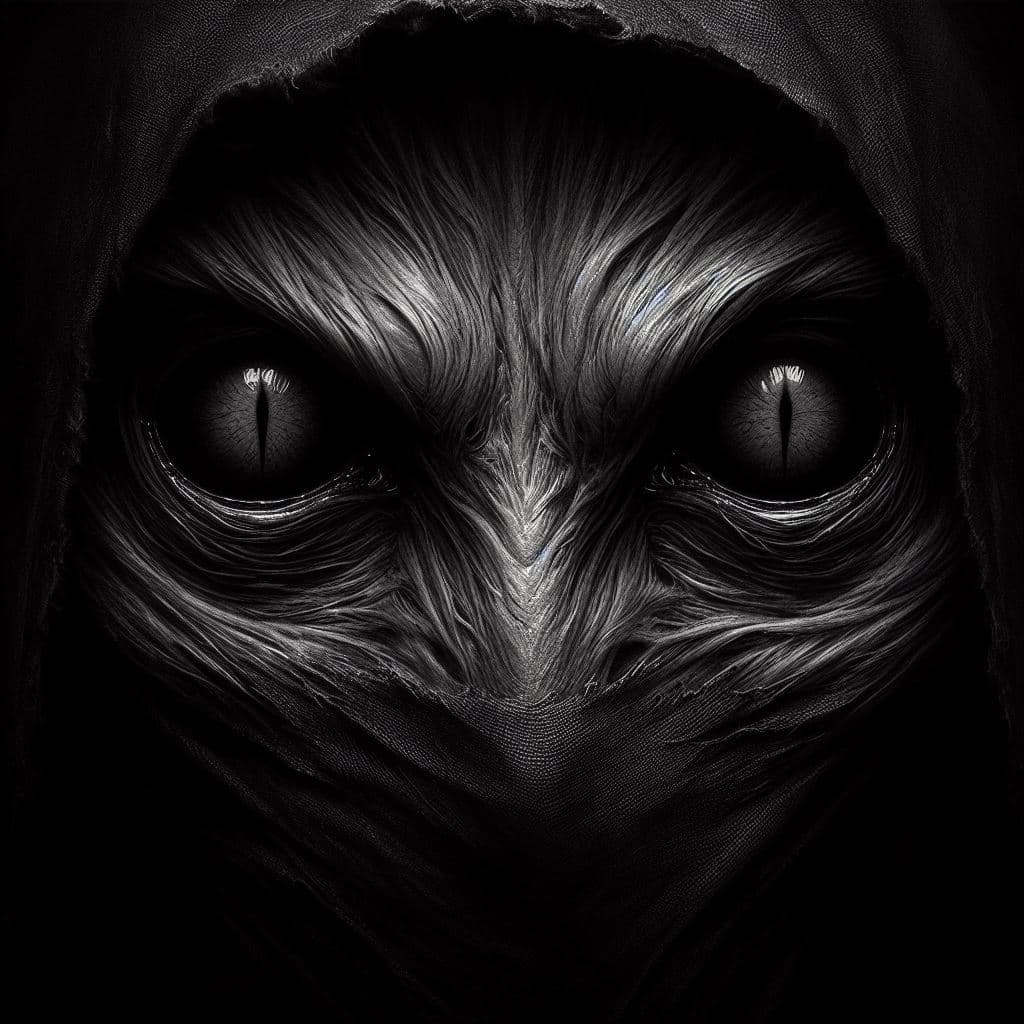 AI generated: Capture the haunting gaze of a creature with hollow eyes, devoid of humanity. Use shadows to deepen ...