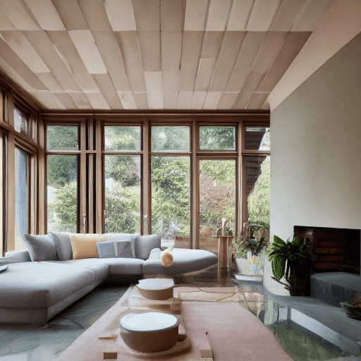 AI generated: High resolution photography interior design, dreamy sunken living room conversation pit, wooden floo...