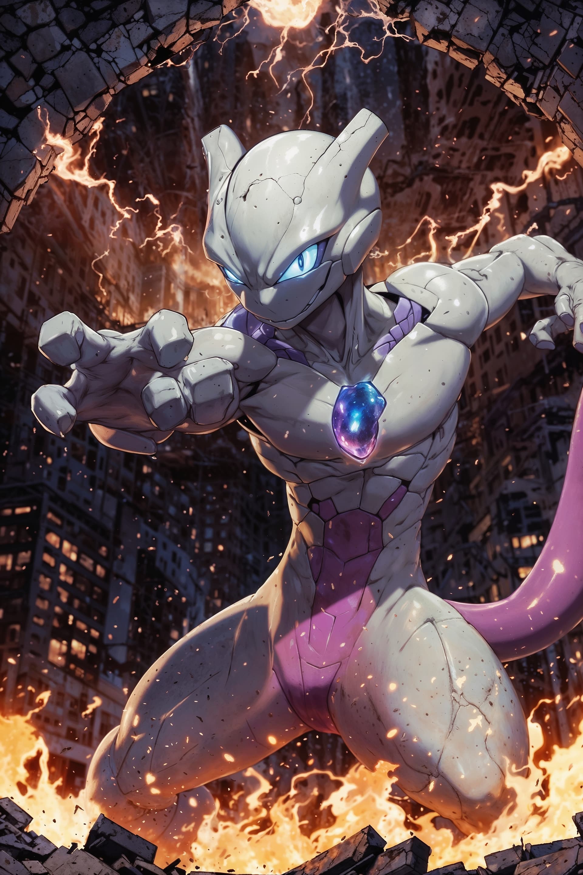 AI generated: mewtwo, male, above a destroyed city, vengeful eyes, charging a energy ball in his hand, intricate e...