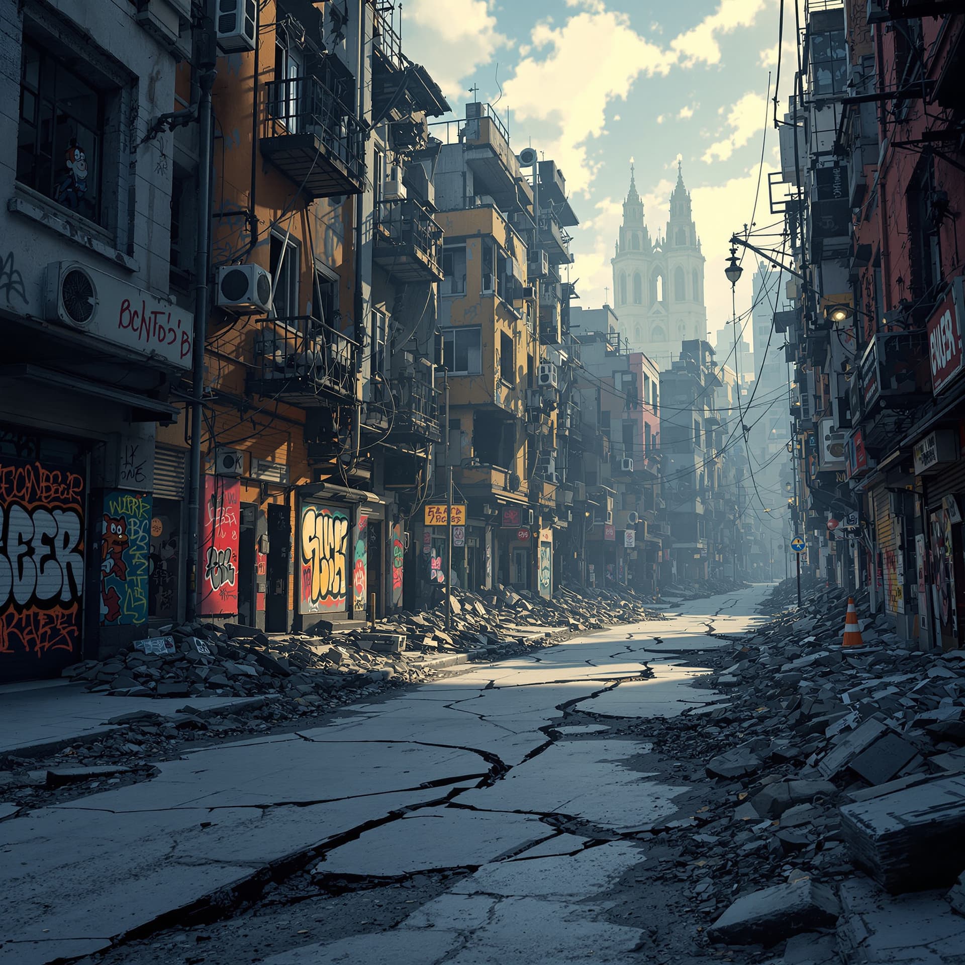 AI generated: very destroyed urban buildings with graffiti and cracks in the street, it's deserted with no p[eople...