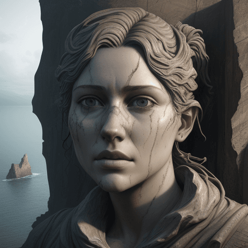 AI generated: art statue in cliffs, in the style of realistic hyper-detailed portraits, cryengine, detailed facial...