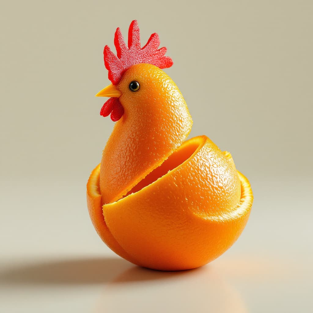 AI generated: a little chicken made of a fresh orange that has been cut open, photo-realistic techniques --ar 2:3 ...